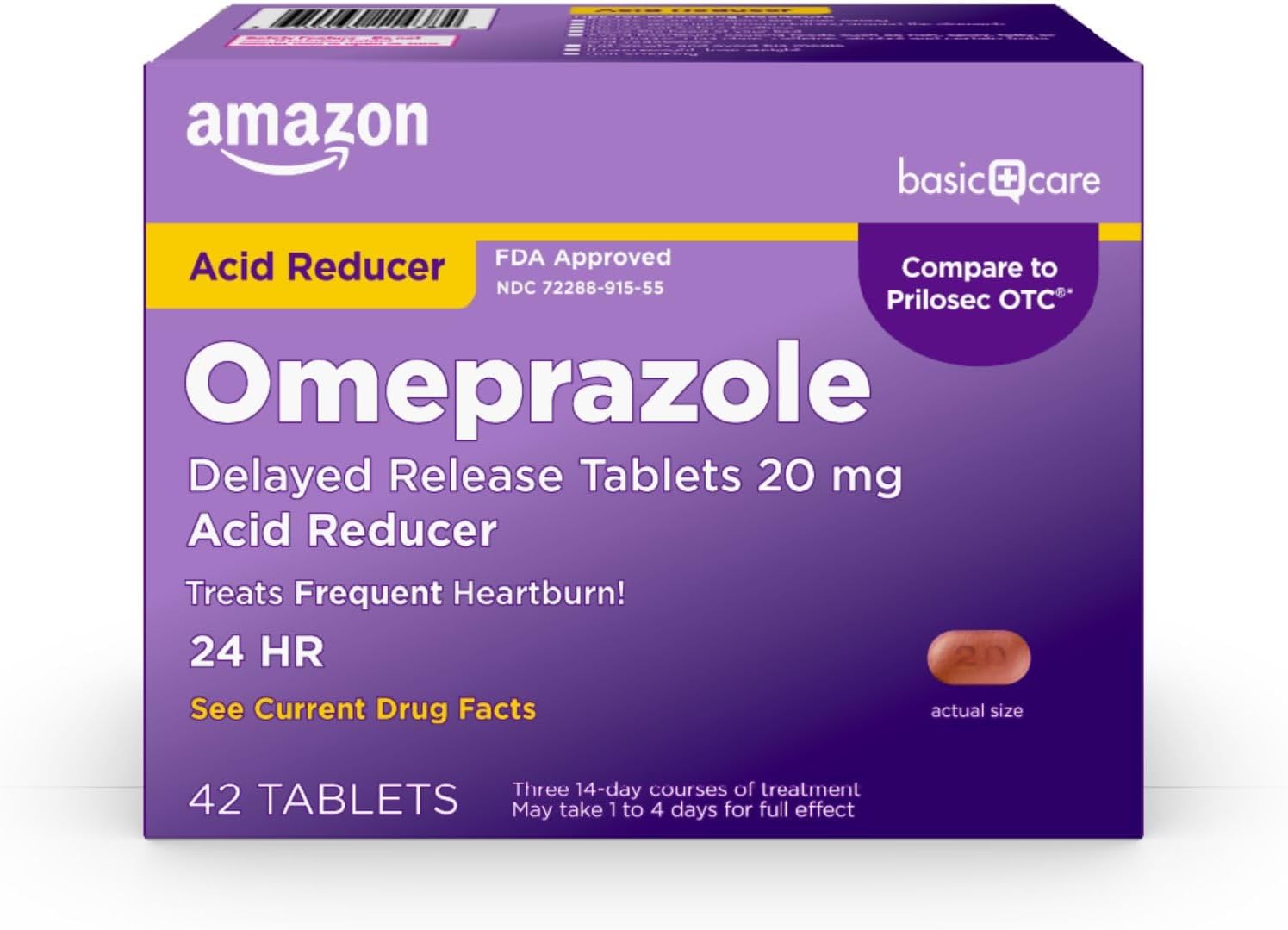 Amazon Basic Care Omeprazole Delayed Release Tablets 20 mg, Treats Frequent Heartburn, Acid Reducer, Heartburn Medicine