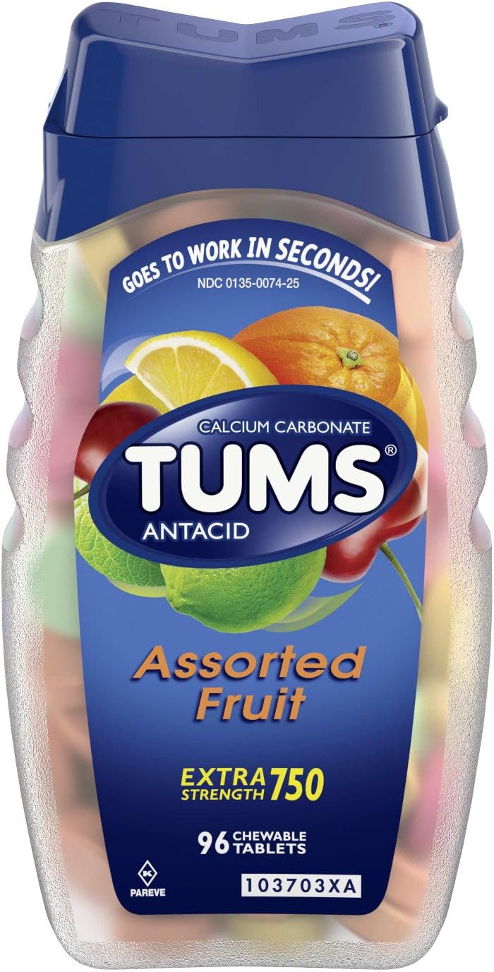 TUMS Extra Strength Antacid Tablets for Chewable Heartburn Relief and Acid Indigestion Relief, Assorted Fruit Flavors - 96 Count